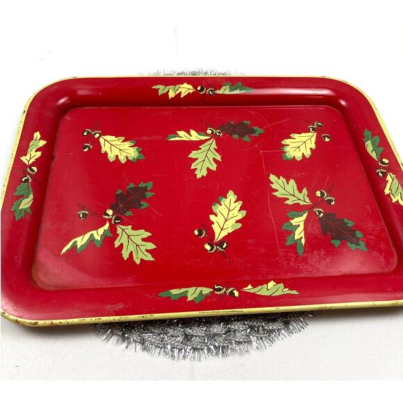 Vintage Tray 1960's Autumn Themed Oak Leaf Design Kitschy Metal TV Tray Decor - Picture 1 of 9